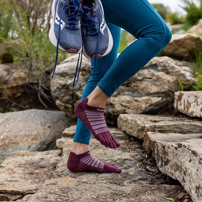 TerraToes Merino Run No-Show Toe Socks — Garnet