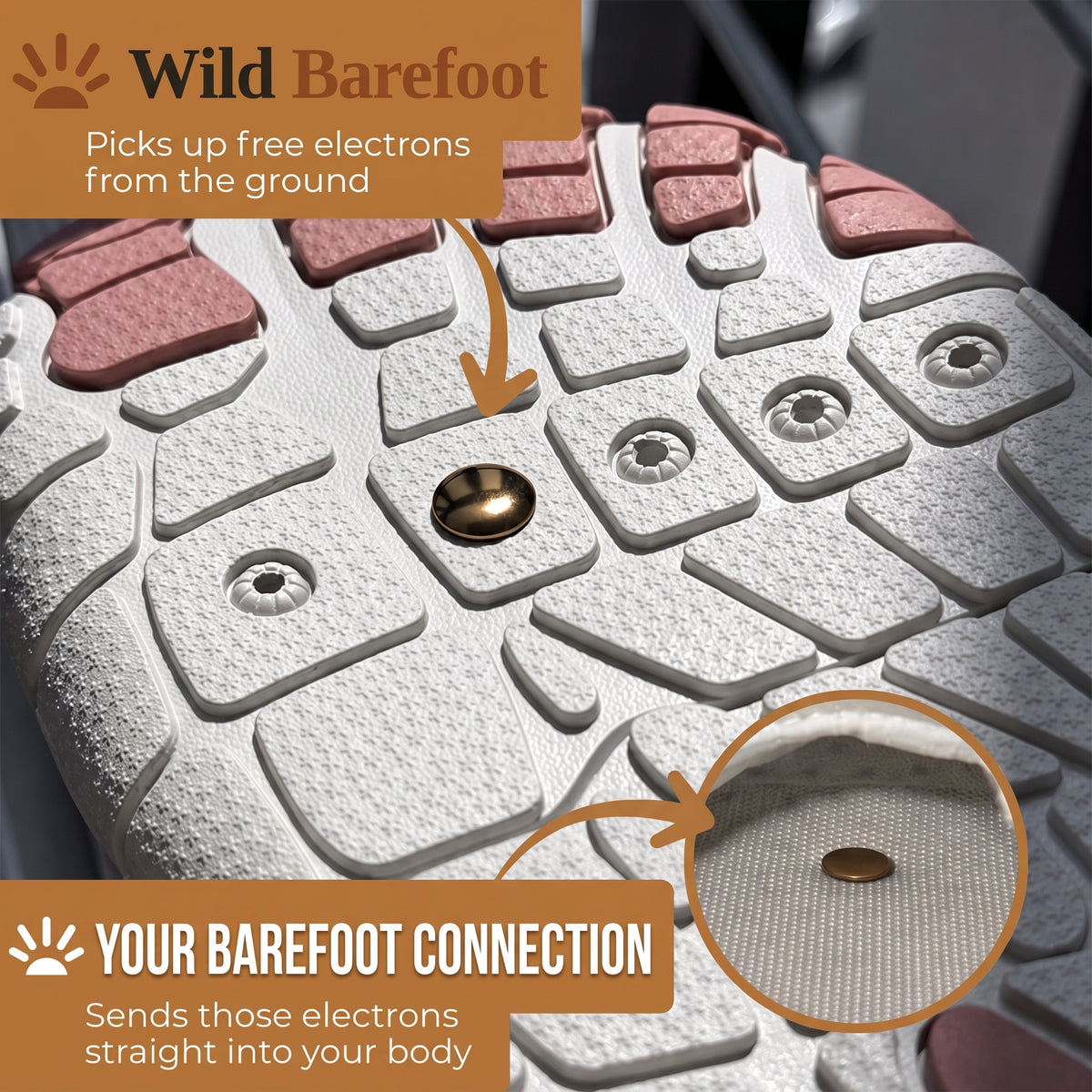 Close-up of the copper disc set through the tread of the outsole