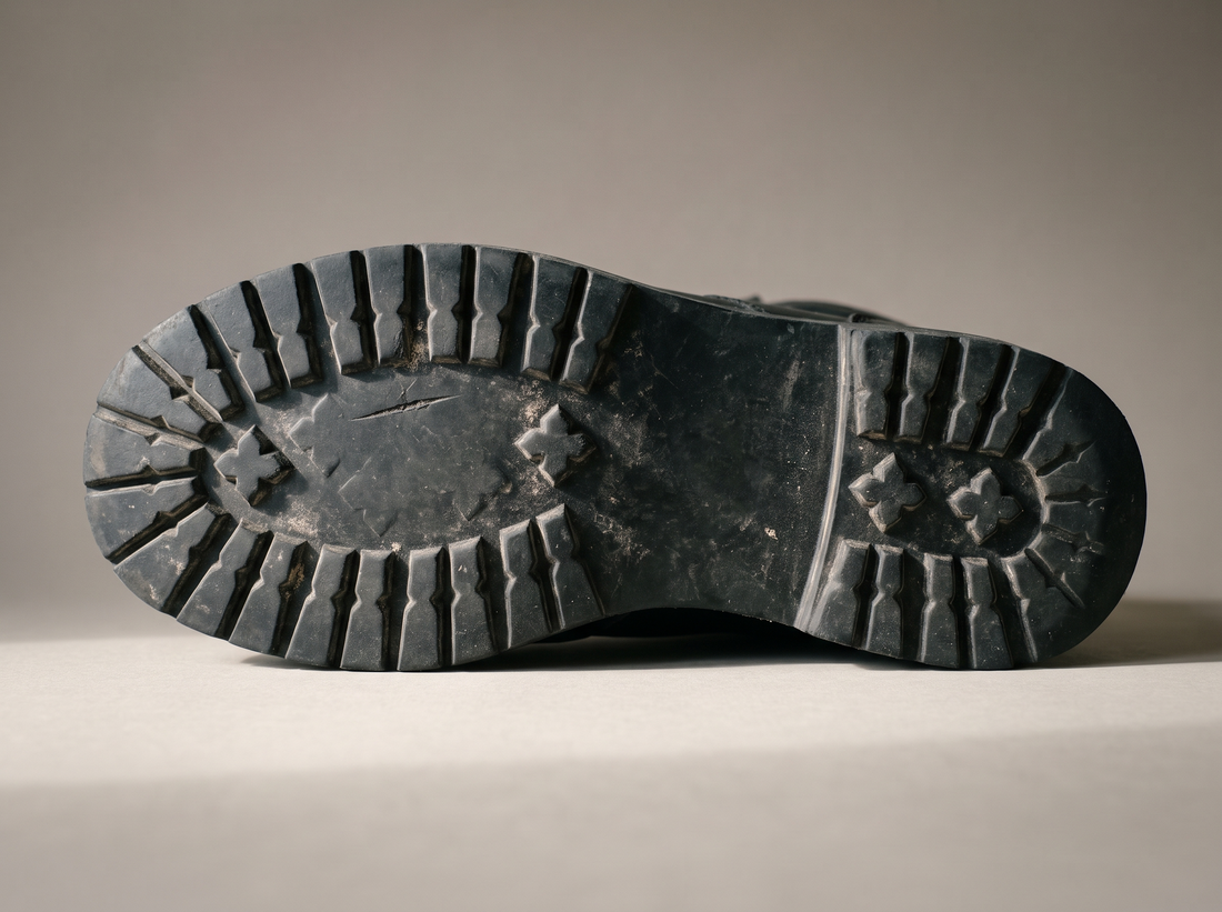 The outsole of a worn rubber safety boot, plain rubber from edge to edge