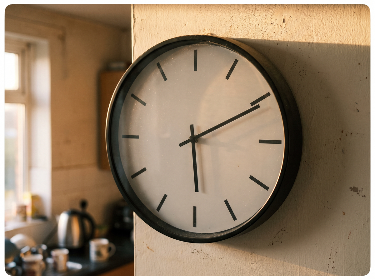 A kitchen wall clock reading a little past six in the evening